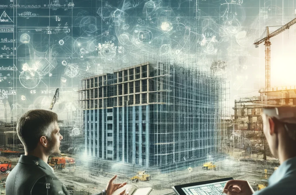 Un architetto e un imprenditore discutono davanti a un tablet che mostra un modello 3D di un edificio. Sullo sfondo, un cantiere edile con operai al lavoro e piani architettonici visibili, evidenziando l'importanza della precisione nei computi metrici per il controllo dei costi e la gestione del progetto.