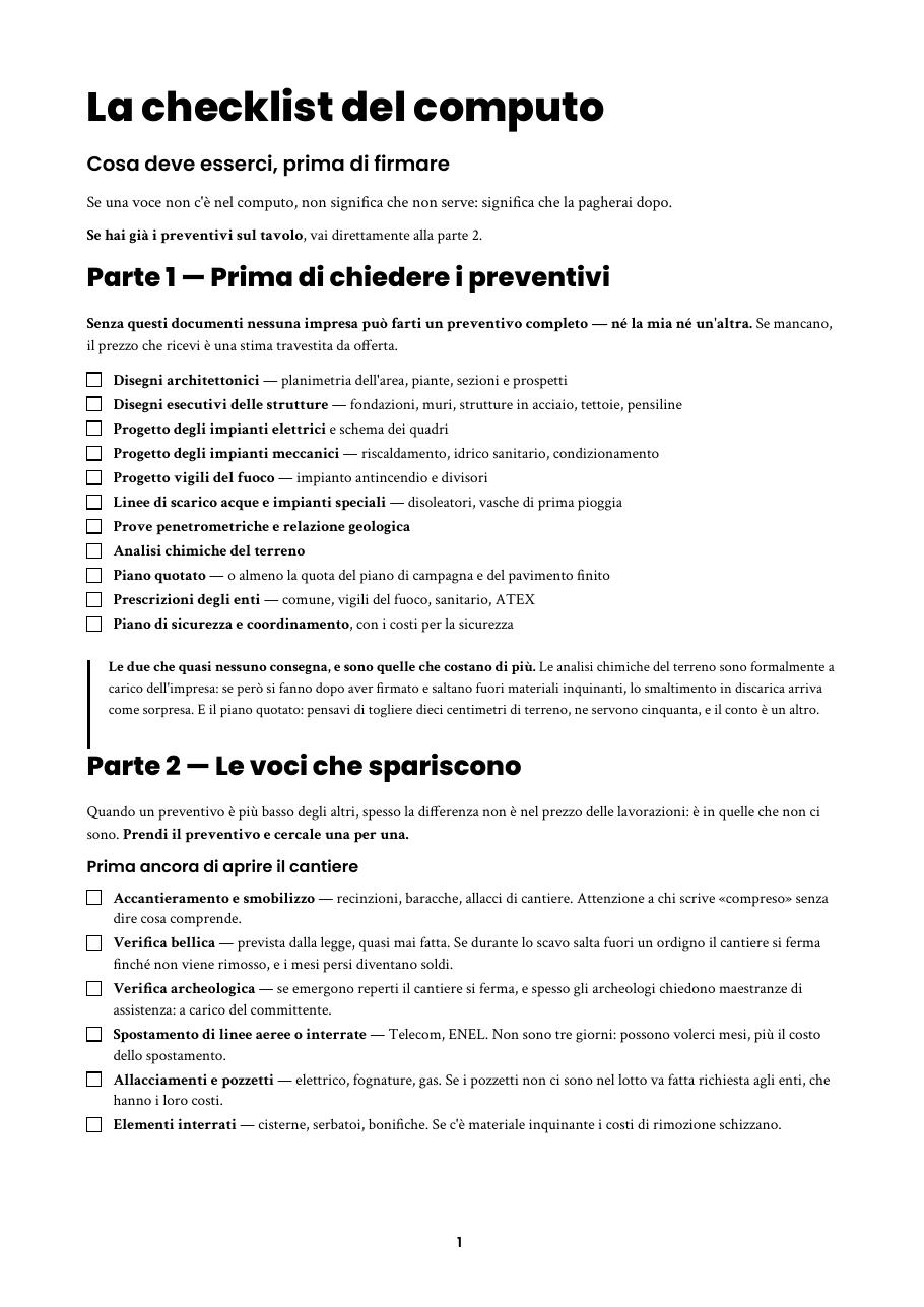 Prima pagina della checklist del computo: gli undici documenti e le voci che spariscono